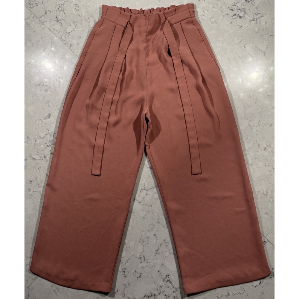 Zara Wide Leg Culottes Womens XS Pink Red Paperbag Waist Pleated Tie Belt Crop